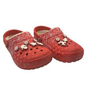 Crocs Classic Lined Holiday Clogs Festive Winter print Christmas red white 8